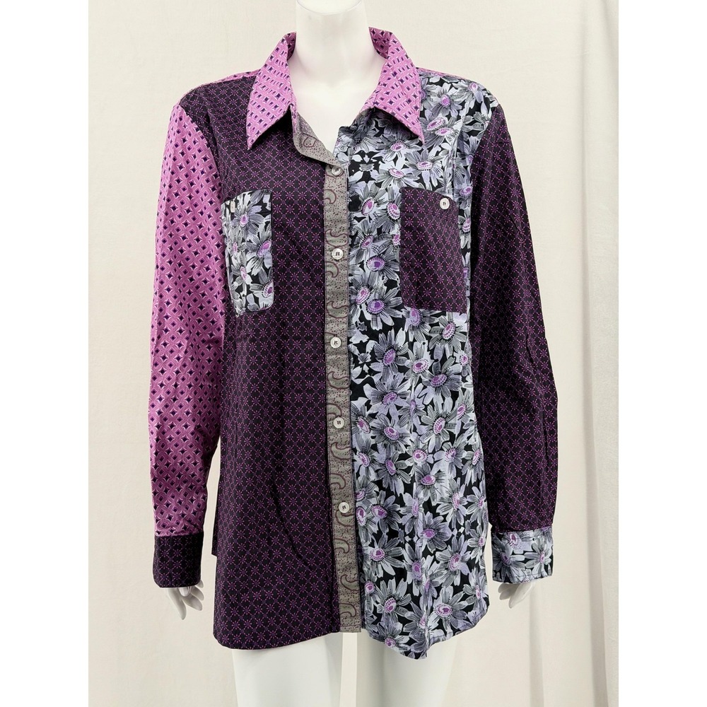 DG2 Diane Gilman Top Womens 2X Purple Floral Patchwork Button Up Artsy Stretch